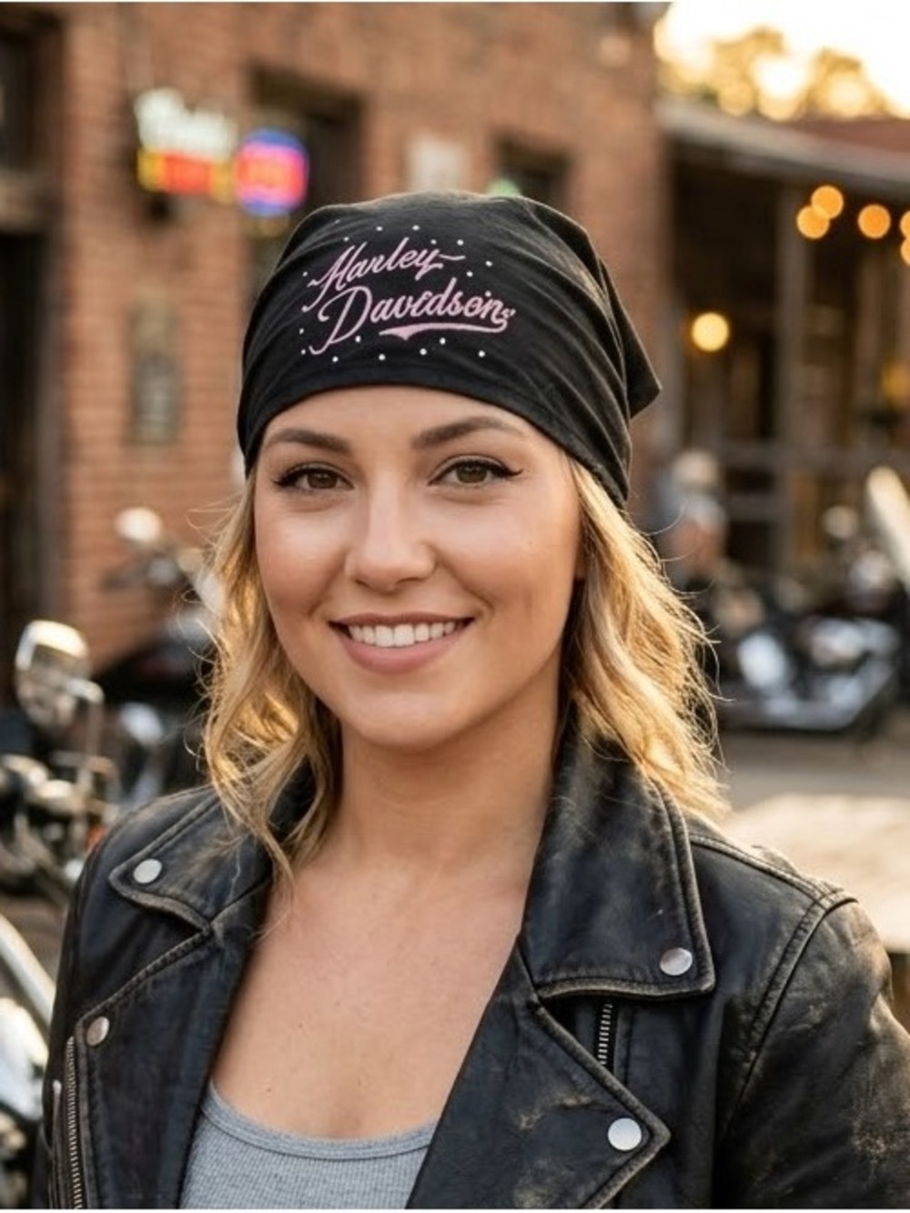 Harley-Davidson Black Headwrap with Pink Script Logo
